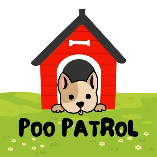 The Poo Patrol puppy peeking out of a red doghouse
